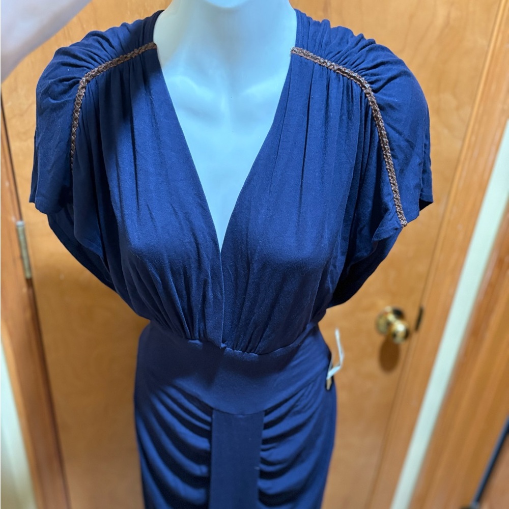 Harkham Navy Midi Dress with Braided Shoulder Detail
